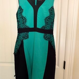 Strapless Teal and Black Lace-Trim Sheath Dress